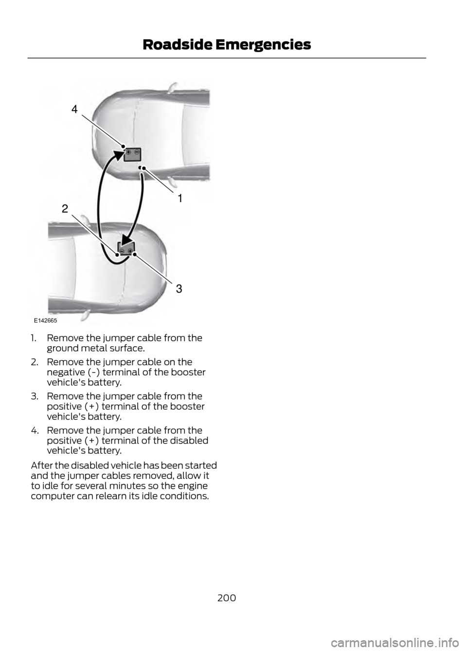 FORD ESCAPE 2013 3.G Owners Manual 1. Remove the jumper cable from theground metal surface.
2. Remove the jumper cable on the negative (-) terminal of the booster
vehicles battery.
3. Remove the jumper cable from the positive (+) term