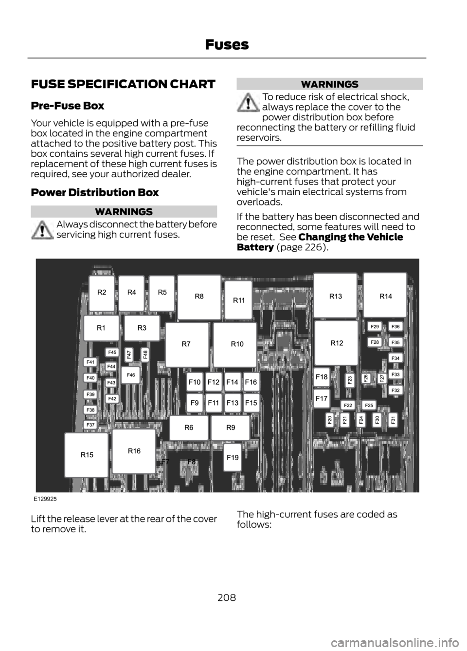 FORD ESCAPE 2013 3.G Owners Manual FUSE SPECIFICATION CHART
Pre-Fuse Box
Your vehicle is equipped with a pre-fuse
box located in the engine compartment
attached to the positive battery post. This
box contains several high current fuses