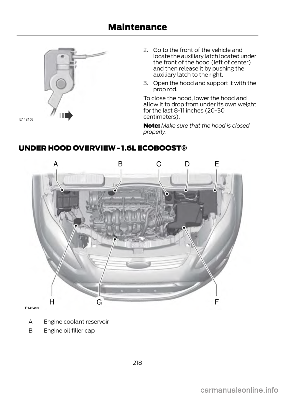 FORD ESCAPE 2013 3.G Owners Manual 2. Go to the front of the vehicle andlocate the auxiliary latch located under
the front of the hood (left of center)
and then release it by pushing the
auxiliary latch to the right.
3. Open the hood a