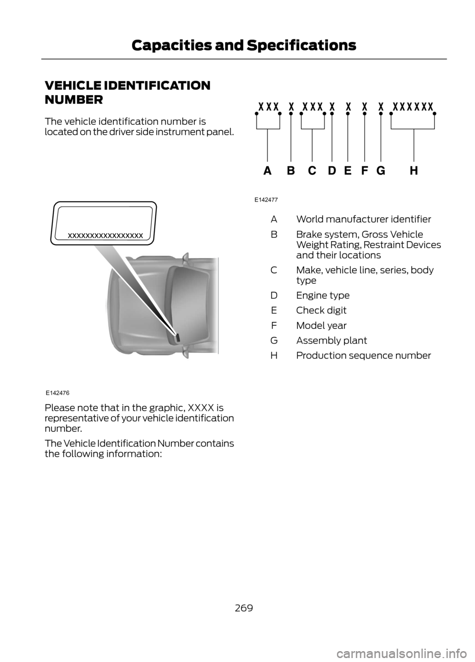 FORD ESCAPE 2013 3.G Owners Manual VEHICLE IDENTIFICATION
NUMBER
The vehicle identification number is
located on the driver side instrument panel.
Please note that in the graphic, XXXX is
representative of your vehicle identification
n FORD ESCAPE 2013 3.G Owners Manual VEHICLE IDENTIFICATION
NUMBER
The vehicle identification number is
located on the driver side instrument panel.
Please note that in the graphic, XXXX is
representative of your vehicle identification
n