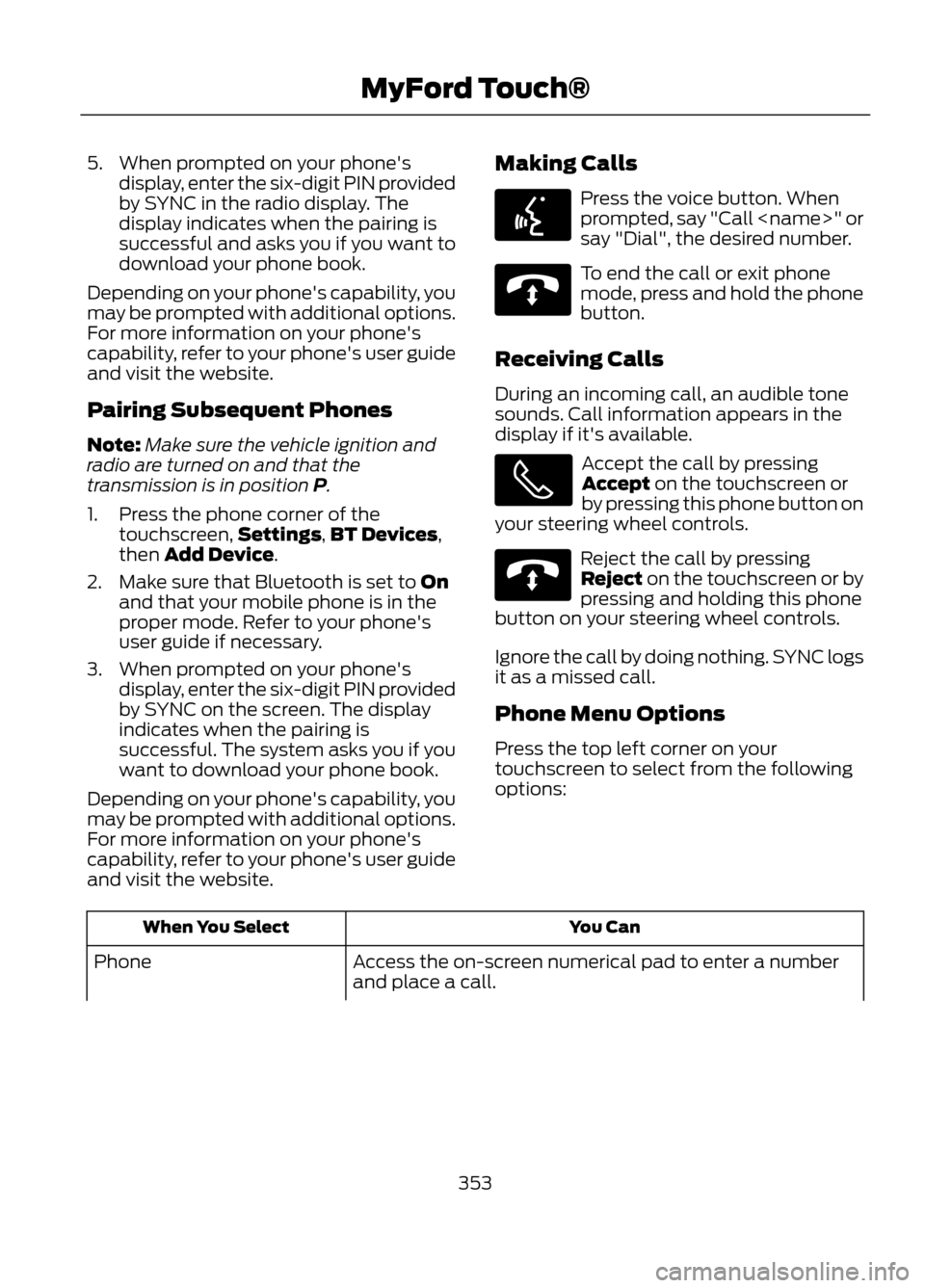 FORD ESCAPE 2013 3.G Owners Manual 5. When prompted on your phonesdisplay, enter the six-digit PIN provided
by SYNC in the radio display. The
display indicates when the pairing is
successful and asks you if you want to
download your p FORD ESCAPE 2013 3.G Owners Manual 5. When prompted on your phonesdisplay, enter the six-digit PIN provided
by SYNC in the radio display. The
display indicates when the pairing is
successful and asks you if you want to
download your p