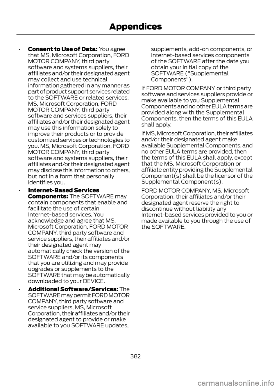 FORD ESCAPE 2013 3.G Owners Manual •Consent to Use of Data: You agree
that MS, Microsoft Corporation, FORD
MOTOR COMPANY, third party
software and systems suppliers, their
affiliates and/or their designated agent
may collect and use 