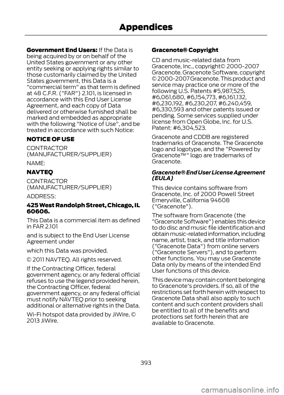 FORD ESCAPE 2013 3.G Owners Manual Government End Users: If the Data is
being acquired by or on behalf of the
United States government or any other
entity seeking or applying rights similar to
those customarily claimed by the United
St