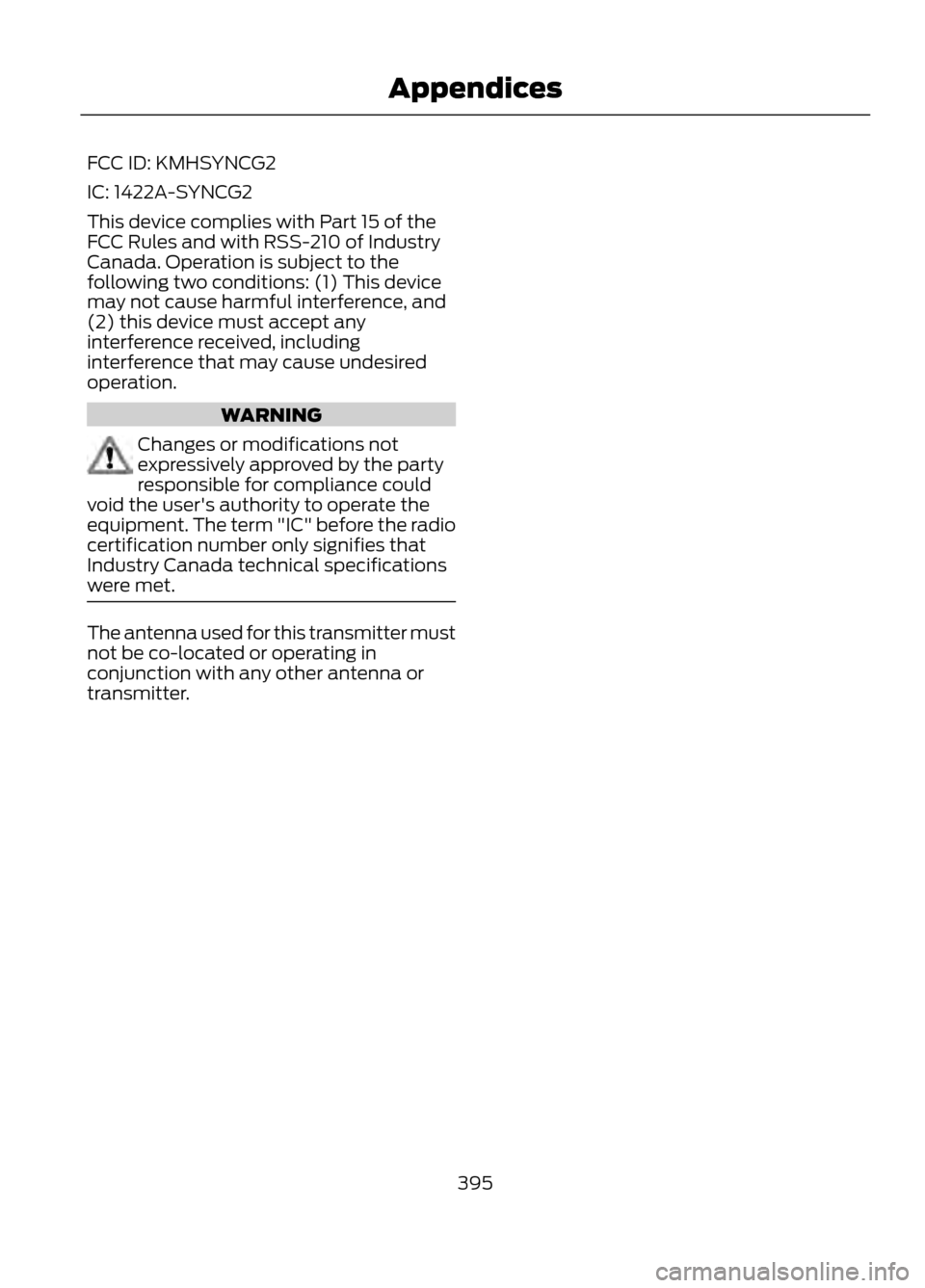 FORD ESCAPE 2013 3.G Owners Manual FCC ID: KMHSYNCG2
IC: 1422A-SYNCG2
This device complies with Part 15 of the
FCC Rules and with RSS-210 of Industry
Canada. Operation is subject to the
following two conditions: (1) This device
may not
