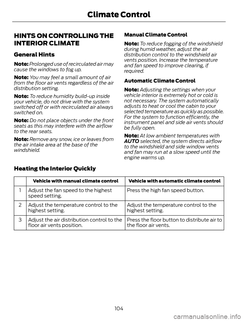 FORD ESCAPE 2014 3.G Owners Manual HINTS ON CONTROLLING THE
INTERIOR CLIMATE
General Hints
Note:Prolonged use of recirculated air may
cause the windows to fog up.
Note:You may feel a small amount of air
from the floor air vents regardl FORD ESCAPE 2014 3.G Owners Manual HINTS ON CONTROLLING THE
INTERIOR CLIMATE
General Hints
Note:Prolonged use of recirculated air may
cause the windows to fog up.
Note:You may feel a small amount of air
from the floor air vents regardl