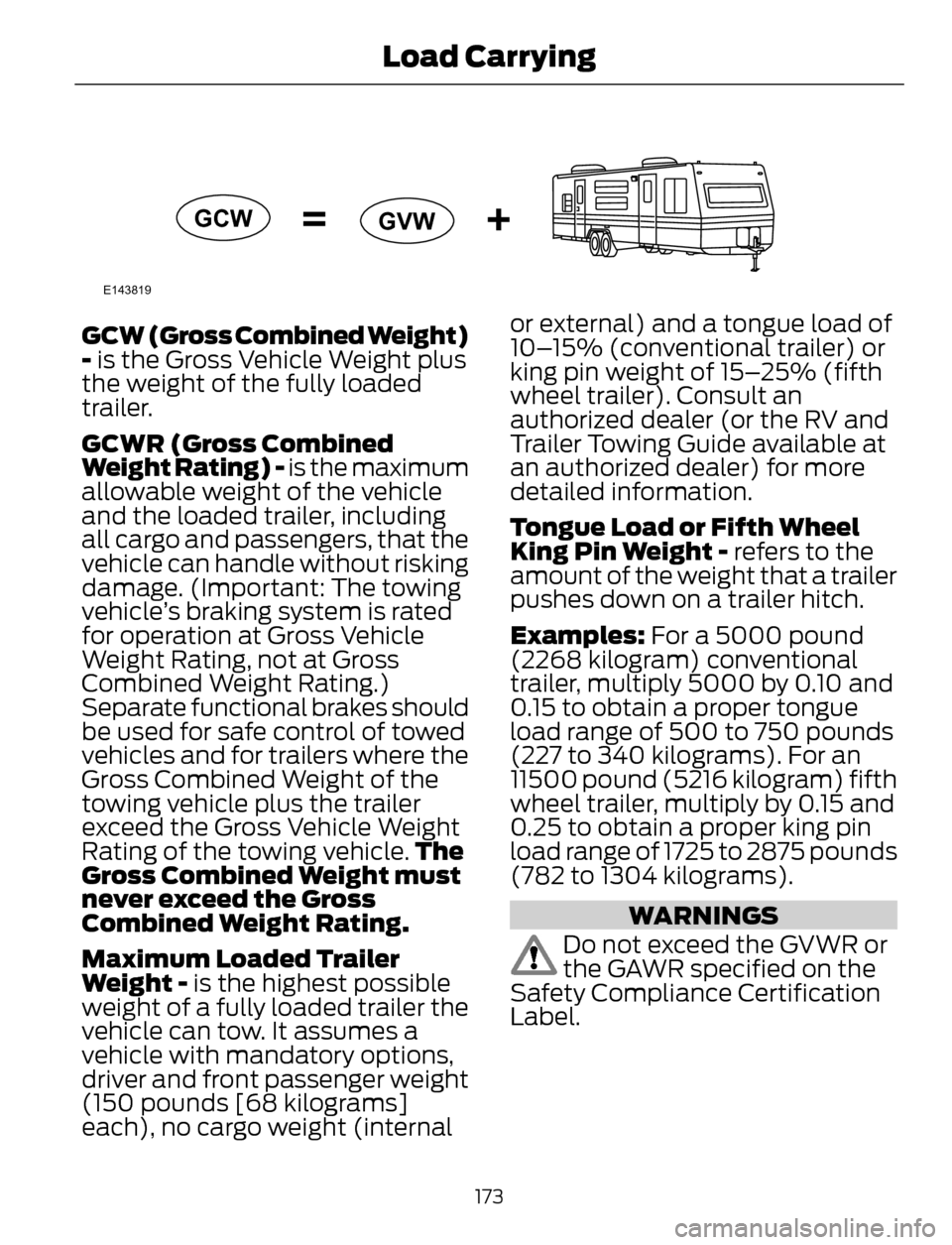 FORD ESCAPE 2014 3.G Owners Manual E143819
GCW
GVW
GCW (Gross Combined Weight)
- is the Gross Vehicle Weight plus
the weight of the fully loaded
trailer.
GCWR (Gross Combined
Weight Rating) - is the maximum
allowable weight of the vehi FORD ESCAPE 2014 3.G Owners Manual E143819
GCW
GVW
GCW (Gross Combined Weight)
- is the Gross Vehicle Weight plus
the weight of the fully loaded
trailer.
GCWR (Gross Combined
Weight Rating) - is the maximum
allowable weight of the vehi