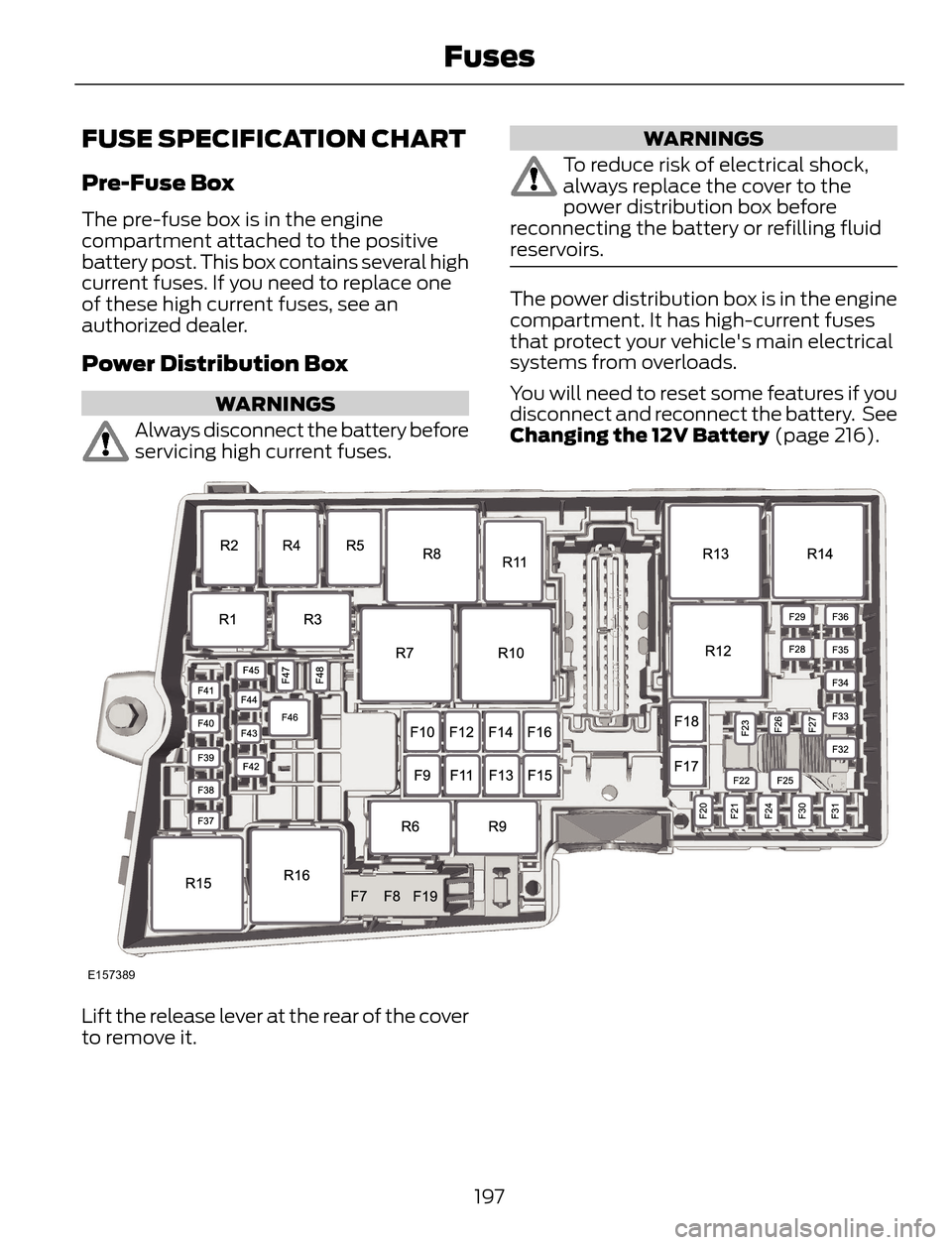 FORD ESCAPE 2014 3.G Owners Manual FUSE SPECIFICATION CHART
Pre-Fuse Box
The pre-fuse box is in the engine
compartment attached to the positive
battery post. This box contains several high
current fuses. If you need to replace one
of t FORD ESCAPE 2014 3.G Owners Manual FUSE SPECIFICATION CHART
Pre-Fuse Box
The pre-fuse box is in the engine
compartment attached to the positive
battery post. This box contains several high
current fuses. If you need to replace one
of t