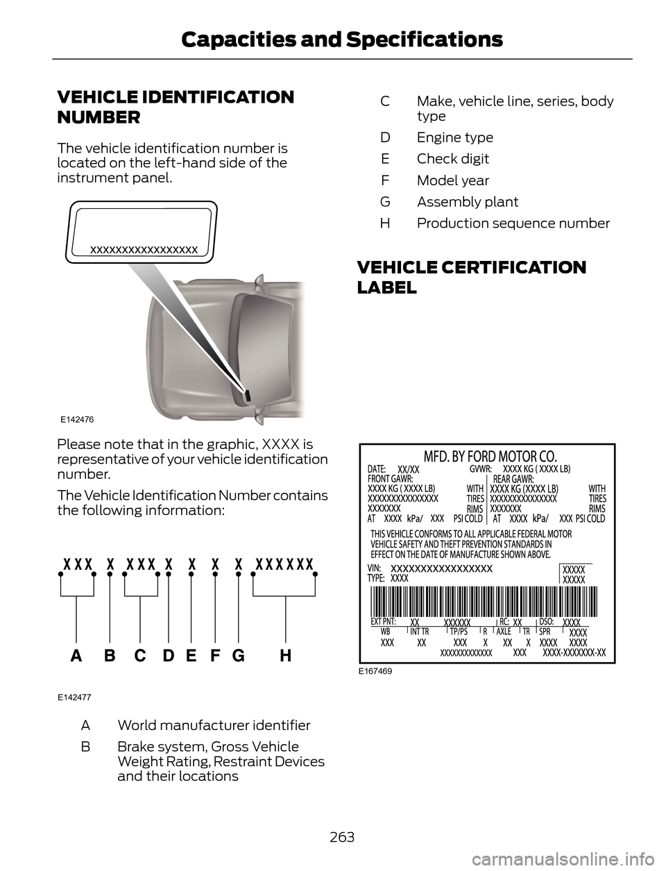 FORD ESCAPE 2014 3.G Owners Guide VEHICLE IDENTIFICATION
NUMBER
The vehicle identification number is
located on the left-hand side of the
instrument panel.
E142476
Please note that in the graphic, XXXX is
representative of your vehicl