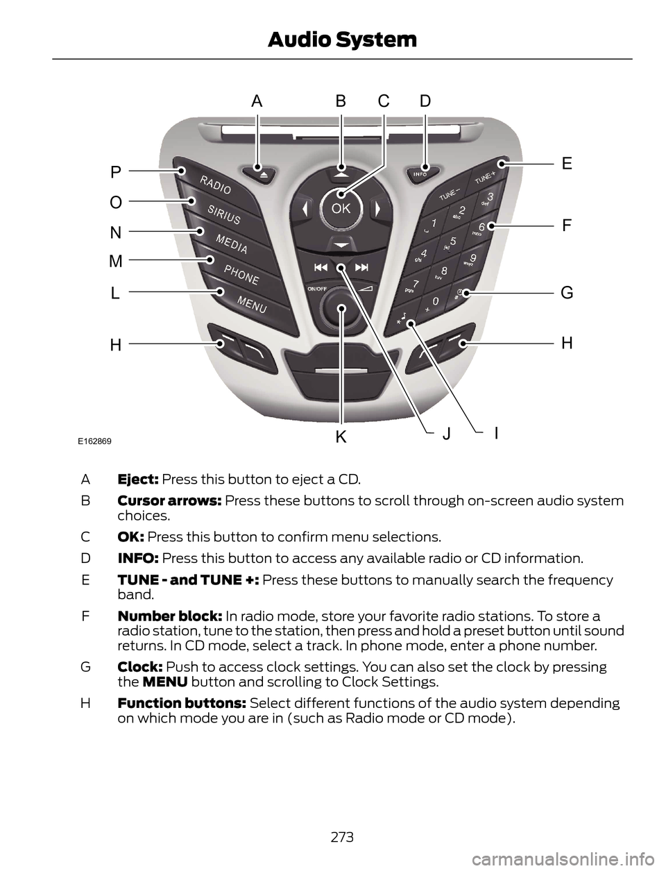 FORD ESCAPE 2014 3.G Owners Manual ABDC
E
F
G
H
JK
H
L
M
N
O
P
IE162869
Eject: Press this button to eject a CD. A
Cursor arrows: Press these buttons to scroll through on-screen audio system
choices. B
OK: Press this button to confirm m