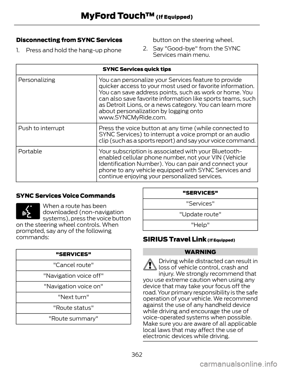 FORD ESCAPE 2014 3.G Owners Manual Disconnecting from SYNC Services
1. Press and hold the hang-up phonebutton on the steering wheel.
2. Say "Good-bye" from the SYNC
Services main menu.
SYNC Services quick tips
You can personalize your FORD ESCAPE 2014 3.G Owners Manual Disconnecting from SYNC Services
1. Press and hold the hang-up phonebutton on the steering wheel.
2. Say "Good-bye" from the SYNC
Services main menu.
SYNC Services quick tips
You can personalize your