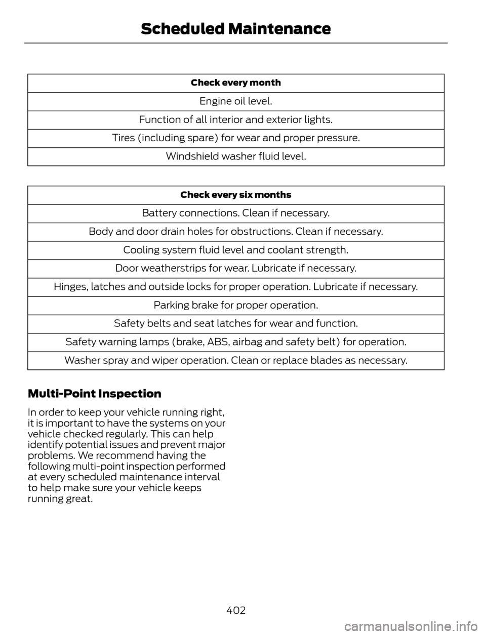 FORD ESCAPE 2014 3.G Owners Manual Check every month
Engine oil level.
Function of all interior and exterior lights.
Tires (including spare) for wear and proper pressure.
Windshield washer fluid level.
Check every six months
Battery co