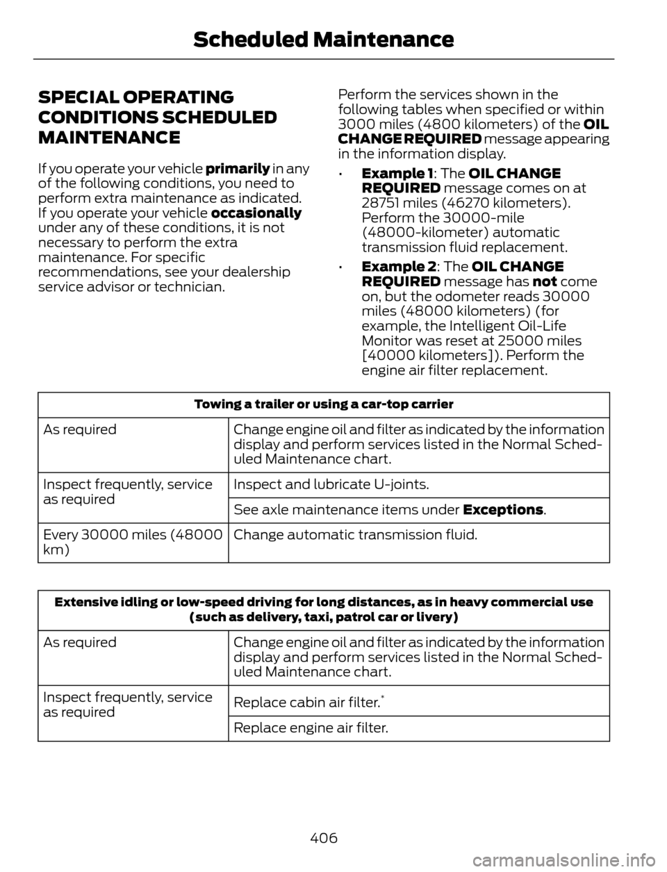 FORD ESCAPE 2014 3.G Owners Manual SPECIAL OPERATING
CONDITIONS SCHEDULED
MAINTENANCE
If you operate your vehicle primarily in any
of the following conditions, you need to
perform extra maintenance as indicated.
If you operate your veh FORD ESCAPE 2014 3.G Owners Manual SPECIAL OPERATING
CONDITIONS SCHEDULED
MAINTENANCE
If you operate your vehicle primarily in any
of the following conditions, you need to
perform extra maintenance as indicated.
If you operate your veh