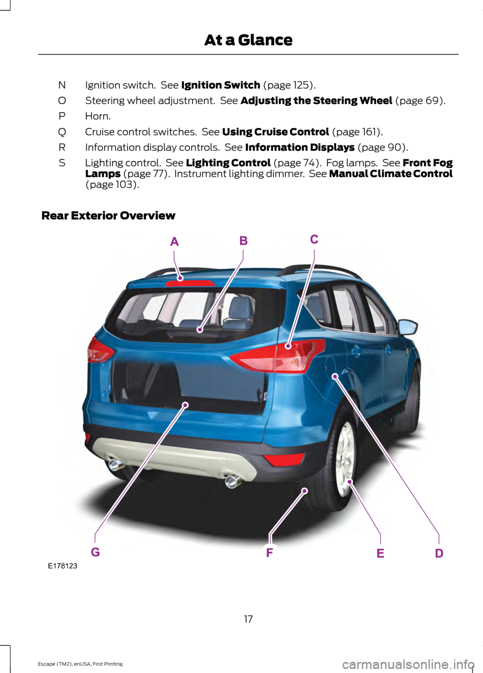FORD ESCAPE 2015 3.G User Guide Ignition switch.  See Ignition Switch (page 125).
N
Steering wheel adjustment.  See 
Adjusting the Steering Wheel (page 69).
O
Horn.
P
Cruise control switches.  See 
Using Cruise Control (page 161).
Q