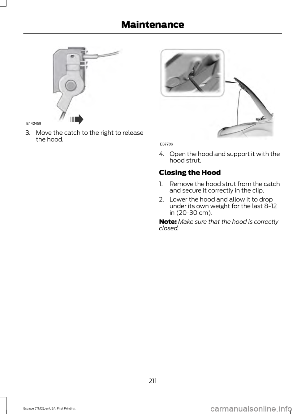 FORD ESCAPE 2015 3.G Owners Manual 3. Move the catch to the right to release
the hood. 4.
Open the hood and support it with the
hood strut.
Closing the Hood
1. Remove the hood strut from the catch
and secure it correctly in the clip.
2 FORD ESCAPE 2015 3.G Owners Manual 3. Move the catch to the right to release
the hood. 4.
Open the hood and support it with the
hood strut.
Closing the Hood
1. Remove the hood strut from the catch
and secure it correctly in the clip.
2