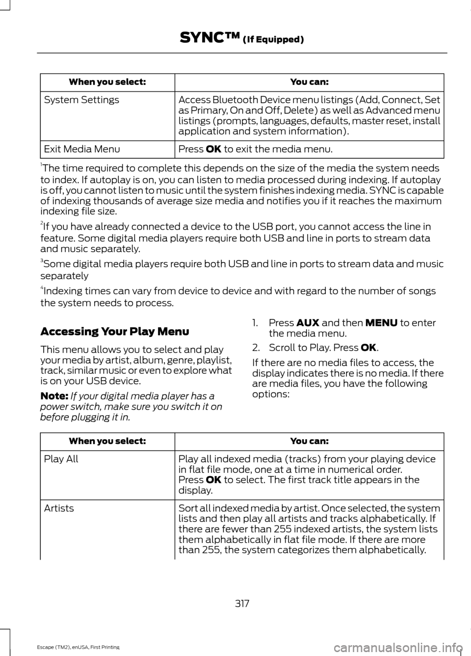 FORD ESCAPE 2015 3.G User Guide You can:
When you select:
Access Bluetooth Device menu listings (Add, Connect, Set
as Primary, On and Off, Delete) as well as Advanced menu
listings (prompts, languages, defaults, master reset, instal FORD ESCAPE 2015 3.G User Guide You can:
When you select:
Access Bluetooth Device menu listings (Add, Connect, Set
as Primary, On and Off, Delete) as well as Advanced menu
listings (prompts, languages, defaults, master reset, instal
