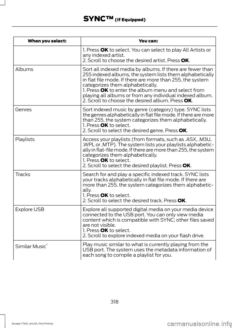 FORD ESCAPE 2015 3.G Owners Manual You can:
When you select:
1. Press OK to select. You can select to play All Artists or
any indexed artist.
2. Scroll to choose the desired artist. Press 
OK.
Sort all indexed media by albums. If there
