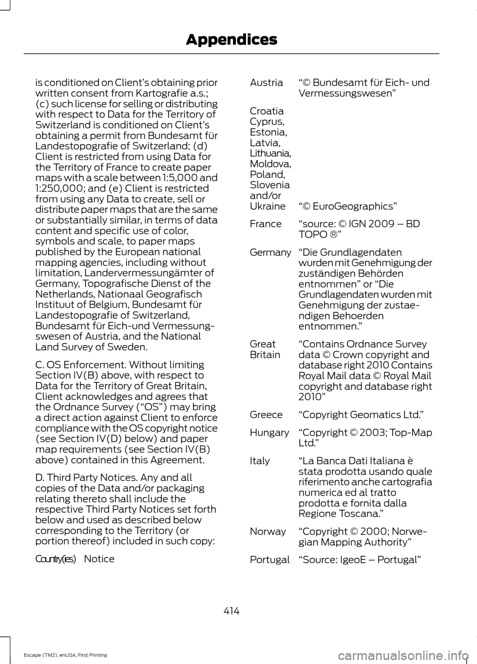 FORD ESCAPE 2015 3.G Owners Manual is conditioned on Client’
s obtaining prior
written consent from Kartografie a.s.;
(c) such license for selling or distributing
with respect to Data for the Territory of
Switzerland is conditioned o FORD ESCAPE 2015 3.G Owners Manual is conditioned on Client’
s obtaining prior
written consent from Kartografie a.s.;
(c) such license for selling or distributing
with respect to Data for the Territory of
Switzerland is conditioned o