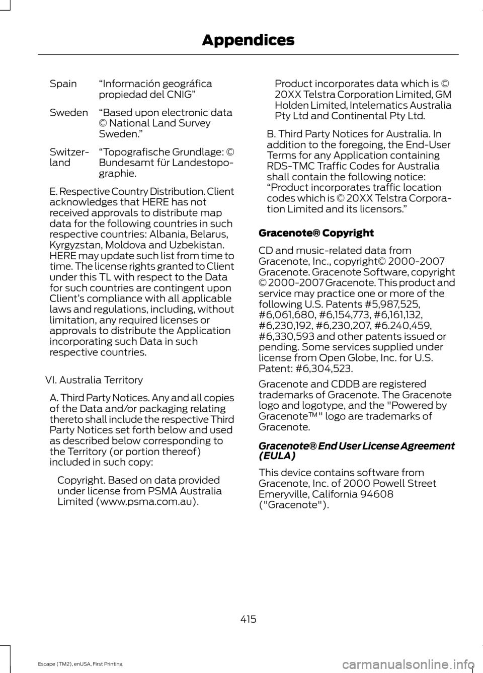 FORD ESCAPE 2015 3.G Owners Manual “Información geográfica
propiedad del CNIG”
Spain
“Based upon electronic data
© National Land Survey
Sweden.”
Sweden
“Topografische Grundlage: ©
Bundesamt für Landestopo-
graphie.
Switz FORD ESCAPE 2015 3.G Owners Manual “Información geográfica
propiedad del CNIG”
Spain
“Based upon electronic data
© National Land Survey
Sweden.”
Sweden
“Topografische Grundlage: ©
Bundesamt für Landestopo-
graphie.
Switz