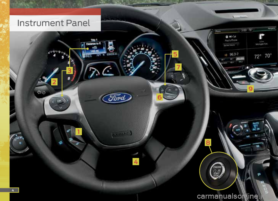 FORD ESCAPE 2015 3.G Quick Reference Guide Instrument Panel
1
3
2
4
5
6
7
4
9
8 FORD ESCAPE 2015 3.G Quick Reference Guide Instrument Panel
1
3
2
4
5
6
7
4
9
8