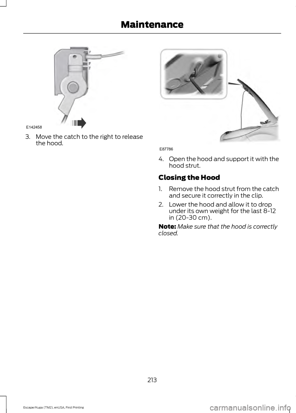 FORD ESCAPE 2016 3.G Owners Manual 3. Move the catch to the right to release
the hood. 4.
Open the hood and support it with the
hood strut.
Closing the Hood
1. Remove the hood strut from the catch
and secure it correctly in the clip.
2