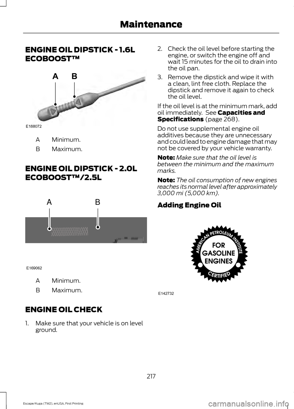 FORD ESCAPE 2016 3.G Owners Manual ENGINE OIL DIPSTICK - 1.6L
ECOBOOST™
Minimum.
A
Maximum.
B
ENGINE OIL DIPSTICK - 2.0L
ECOBOOST™/2.5L Minimum.
A
Maximum.
B
ENGINE OIL CHECK
1. Make sure that your vehicle is on level ground. 2. Ch