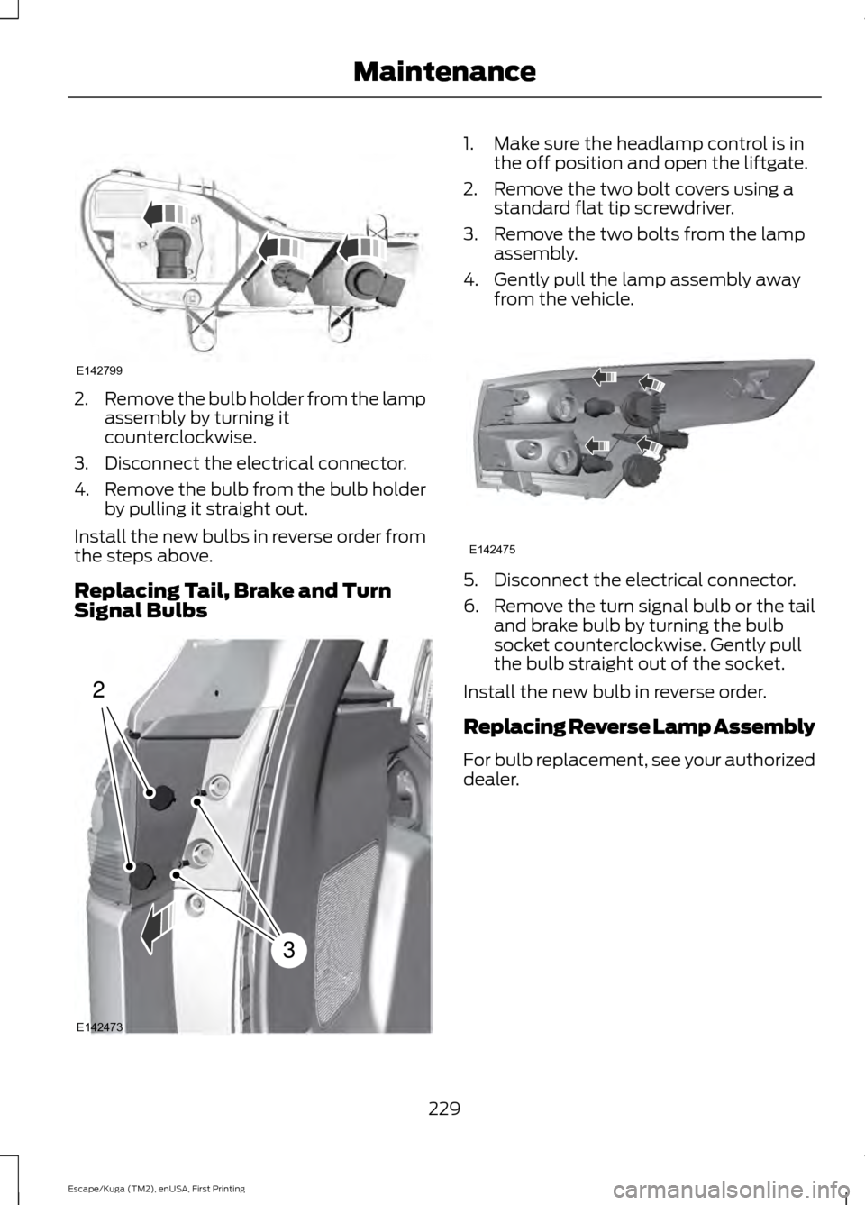 FORD ESCAPE 2016 3.G Owners Manual 2.
Remove the bulb holder from the lamp
assembly by turning it
counterclockwise.
3. Disconnect the electrical connector.
4. Remove the bulb from the bulb holder
by pulling it straight out.
Install the FORD ESCAPE 2016 3.G Owners Manual 2.
Remove the bulb holder from the lamp
assembly by turning it
counterclockwise.
3. Disconnect the electrical connector.
4. Remove the bulb from the bulb holder
by pulling it straight out.
Install the