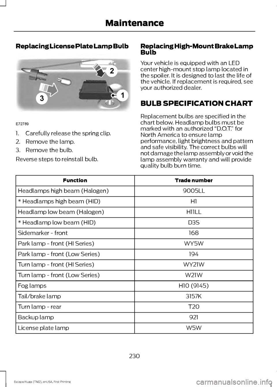 FORD ESCAPE 2016 3.G Owners Manual Replacing License Plate Lamp Bulb
1. Carefully release the spring clip.
2. Remove the lamp.
3. Remove the bulb.
Reverse steps to reinstall bulb.
Replacing High-Mount Brake Lamp
Bulb
Your vehicle is eq FORD ESCAPE 2016 3.G Owners Manual Replacing License Plate Lamp Bulb
1. Carefully release the spring clip.
2. Remove the lamp.
3. Remove the bulb.
Reverse steps to reinstall bulb.
Replacing High-Mount Brake Lamp
Bulb
Your vehicle is eq