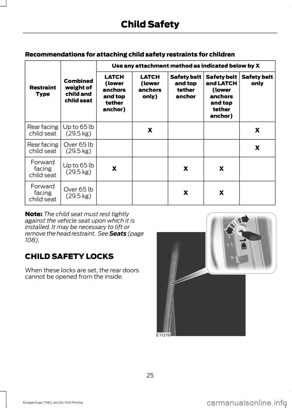 FORD ESCAPE 2016 3.G Owners Manual Recommendations for attaching child safety restraints for children
Use any attachment method as indicated below by X
Combined weight ofchild and
child seat
Restraint
Type Safety belt
only
Safety belt
