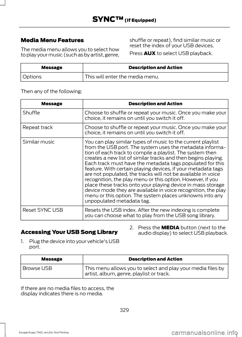 FORD ESCAPE 2016 3.G Owners Manual Media Menu Features
The media menu allows you to select how
to play your music (such as by artist, genre,
shuffle or repeat), find similar music or
reset the index of your USB devices.
Press AUX to se FORD ESCAPE 2016 3.G Owners Manual Media Menu Features
The media menu allows you to select how
to play your music (such as by artist, genre,
shuffle or repeat), find similar music or
reset the index of your USB devices.
Press AUX to se