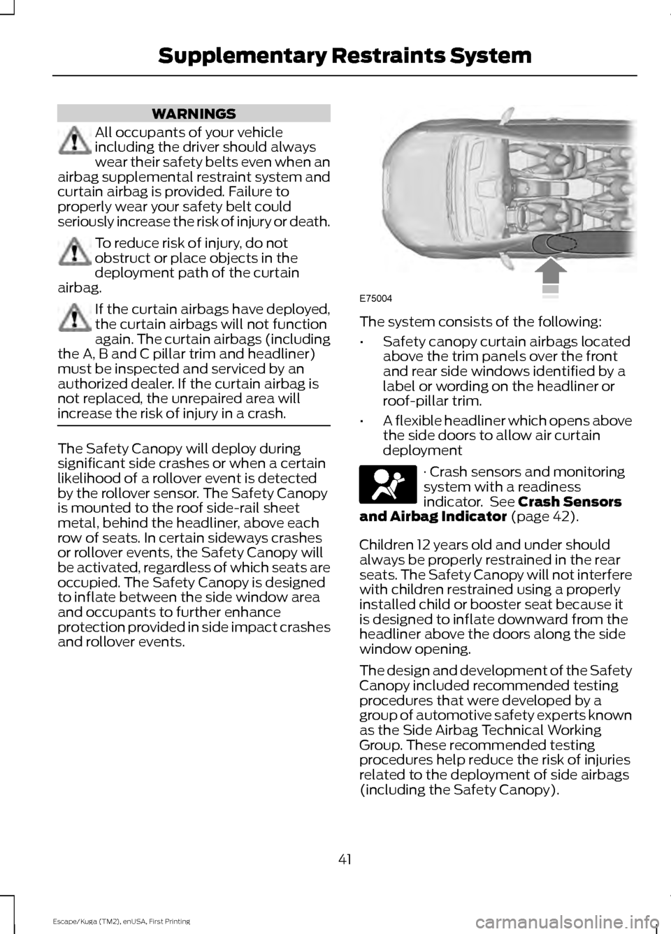 FORD ESCAPE 2016 3.G Owners Manual WARNINGS
All occupants of your vehicle
including the driver should always
wear their safety belts even when an
airbag supplemental restraint system and
curtain airbag is provided. Failure to
properly 