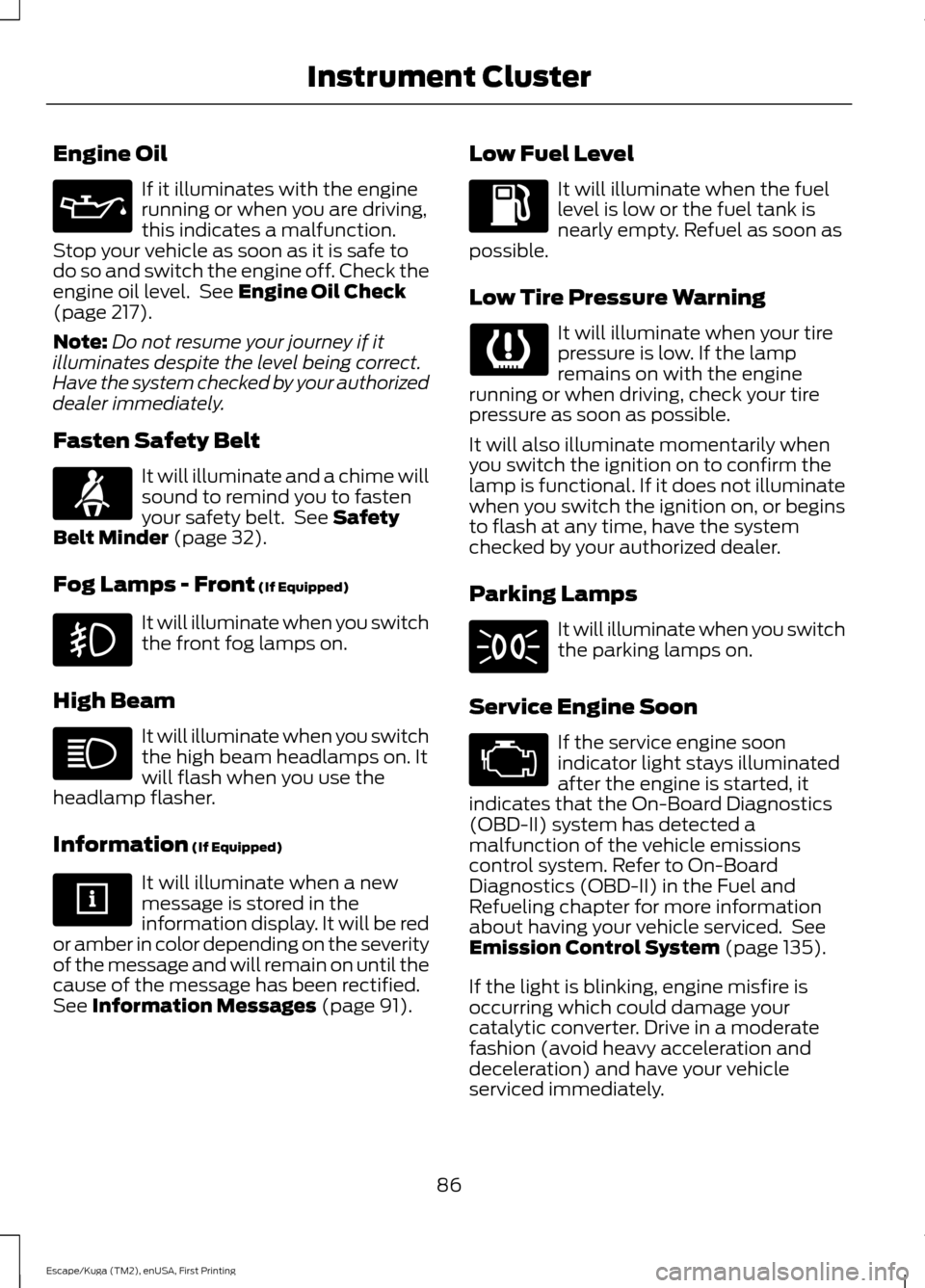 FORD ESCAPE 2016 3.G Owners Manual Engine Oil
If it illuminates with the engine
running or when you are driving,
this indicates a malfunction.
Stop your vehicle as soon as it is safe to
do so and switch the engine off. Check the
engine