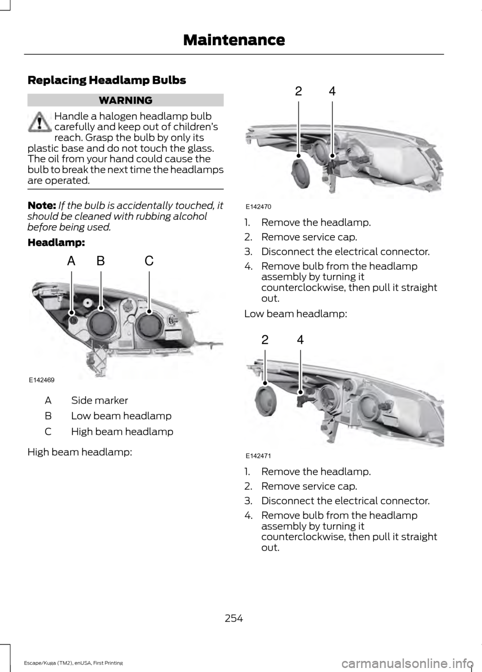 FORD ESCAPE 2017 3.G User Guide Replacing Headlamp Bulbs
WARNING
Handle a halogen headlamp bulb
carefully and keep out of children
’s
reach. Grasp the bulb by only its
plastic base and do not touch the glass.
The oil from your han FORD ESCAPE 2017 3.G User Guide Replacing Headlamp Bulbs
WARNING
Handle a halogen headlamp bulb
carefully and keep out of children
’s
reach. Grasp the bulb by only its
plastic base and do not touch the glass.
The oil from your han