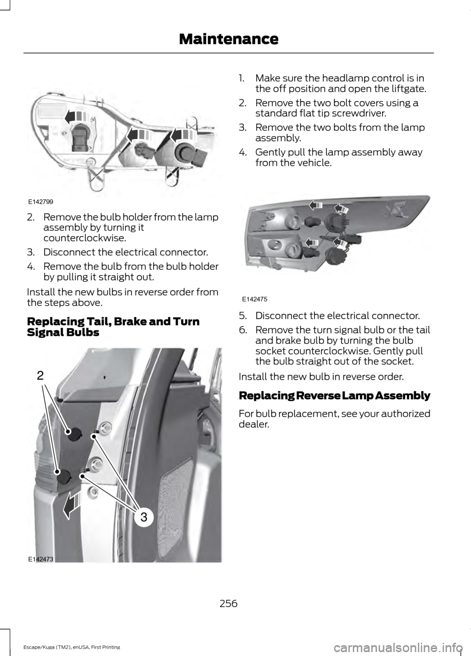 FORD ESCAPE 2017 3.G Owners Manual 2.
Remove the bulb holder from the lamp
assembly by turning it
counterclockwise.
3. Disconnect the electrical connector.
4. Remove the bulb from the bulb holder
by pulling it straight out.
Install the FORD ESCAPE 2017 3.G Owners Manual 2.
Remove the bulb holder from the lamp
assembly by turning it
counterclockwise.
3. Disconnect the electrical connector.
4. Remove the bulb from the bulb holder
by pulling it straight out.
Install the