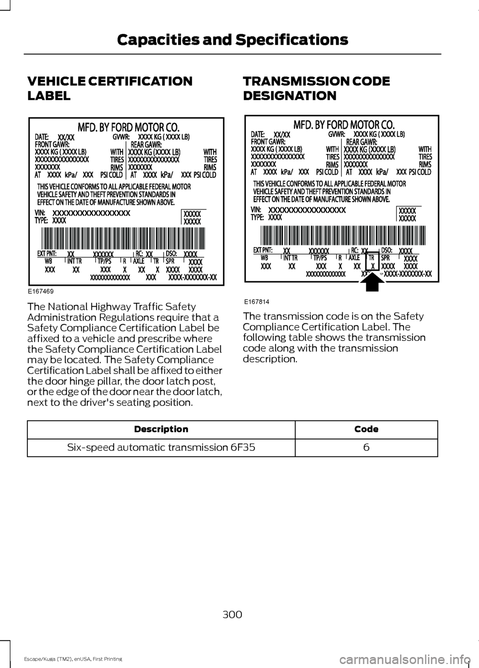 FORD ESCAPE 2017 3.G Owners Manual VEHICLE CERTIFICATION
LABEL
The National Highway Traffic Safety
Administration Regulations require that a
Safety Compliance Certification Label be
affixed to a vehicle and prescribe where
the Safety C FORD ESCAPE 2017 3.G Owners Manual VEHICLE CERTIFICATION
LABEL
The National Highway Traffic Safety
Administration Regulations require that a
Safety Compliance Certification Label be
affixed to a vehicle and prescribe where
the Safety C