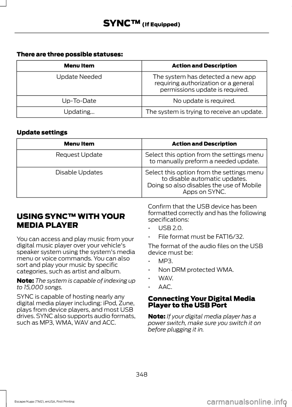 FORD ESCAPE 2017 3.G Owners Manual There are three possible statuses:
Action and Description
Menu Item
The system has detected a new apprequiring authorization or a general permissions update is required.
Update Needed
No update is req FORD ESCAPE 2017 3.G Owners Manual There are three possible statuses:
Action and Description
Menu Item
The system has detected a new apprequiring authorization or a general permissions update is required.
Update Needed
No update is req