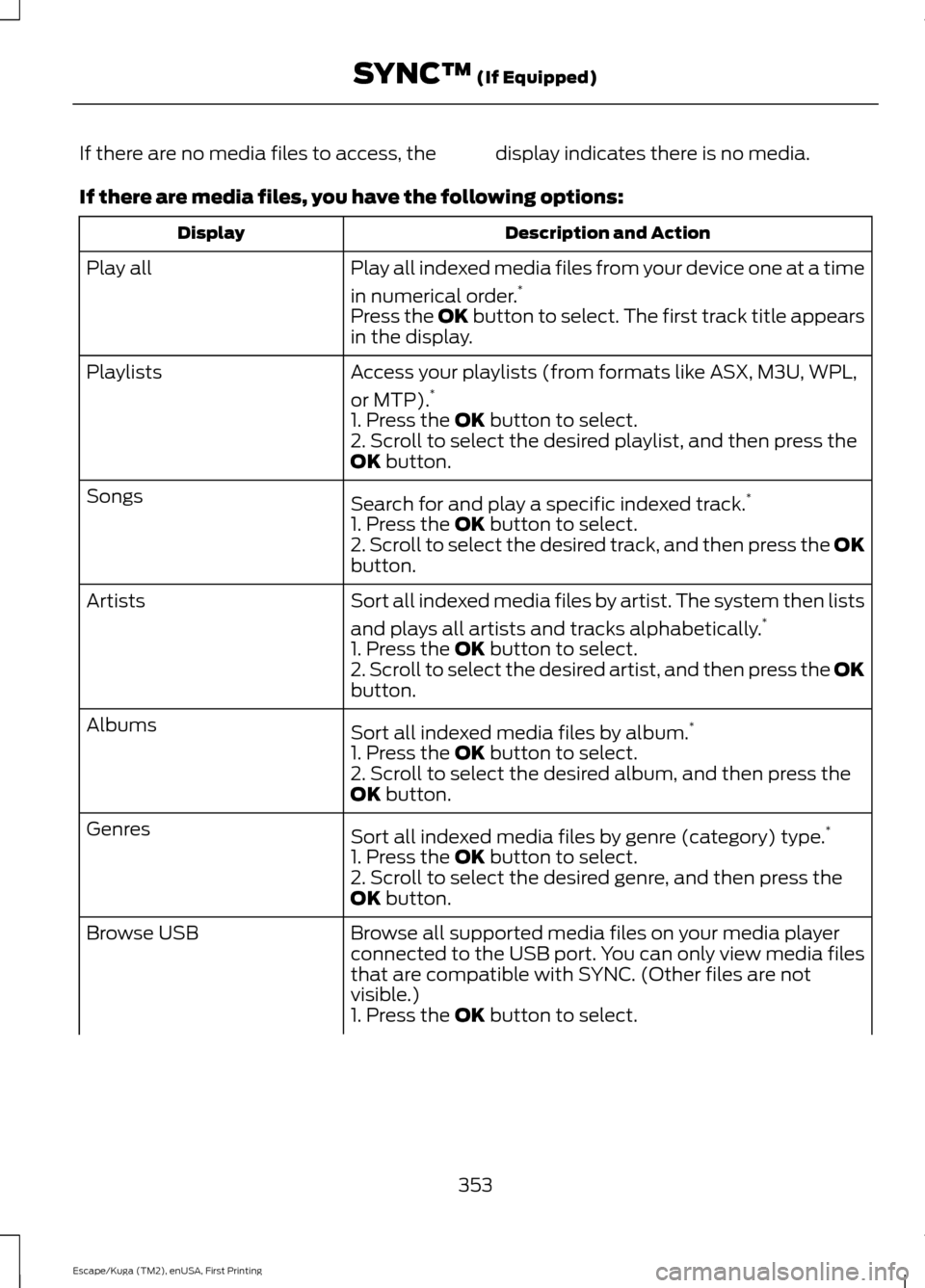 FORD ESCAPE 2017 3.G Owners Manual If there are no media files to access, the display indicates there is no media.
If there are media files, you have the following options:
Description and Action
Display
Play all indexed media files fr FORD ESCAPE 2017 3.G Owners Manual If there are no media files to access, the display indicates there is no media.
If there are media files, you have the following options:
Description and Action
Display
Play all indexed media files fr