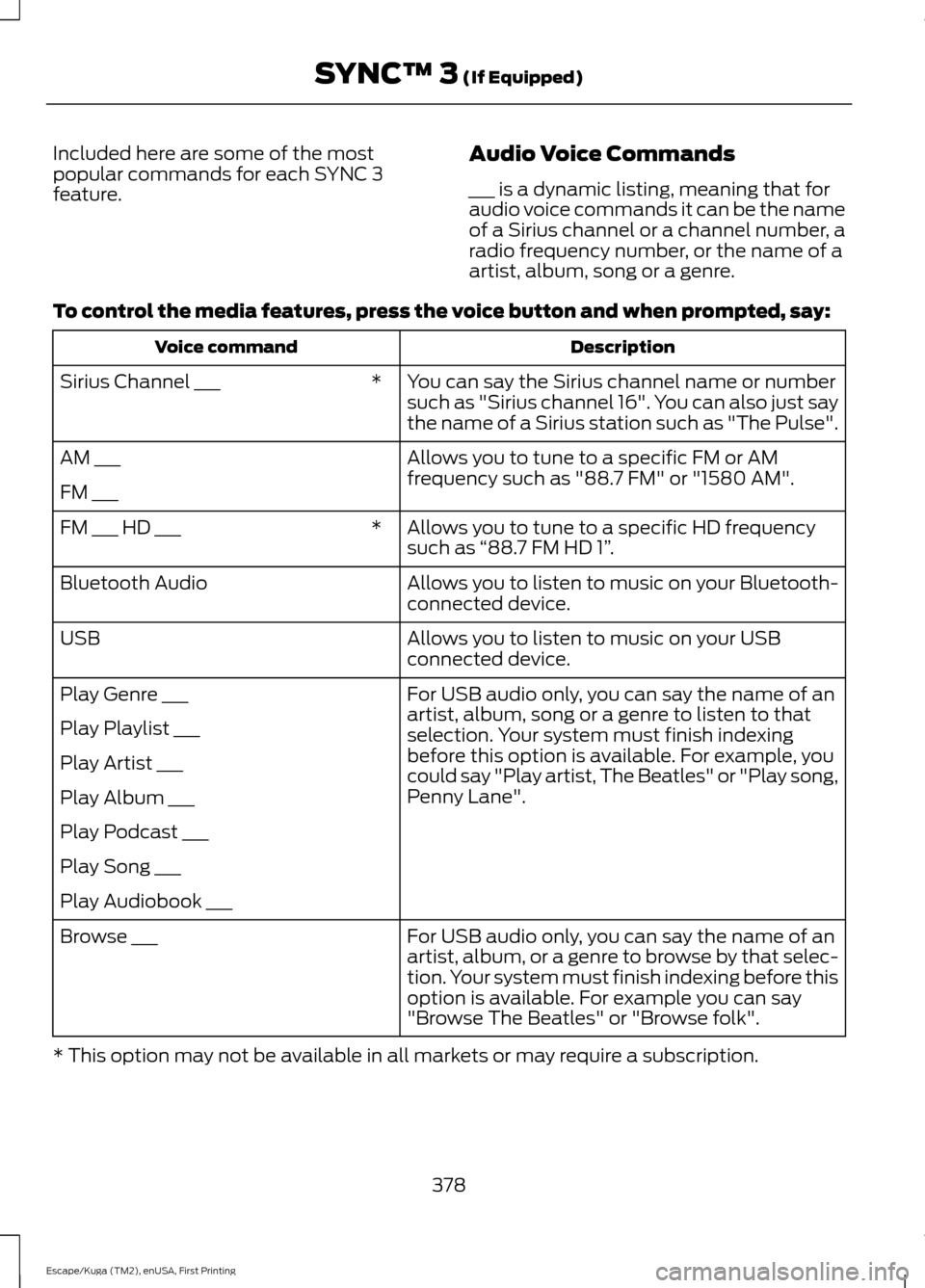 FORD ESCAPE 2017 3.G Owners Manual Included here are some of the most
popular commands for each SYNC 3
feature.
Audio Voice Commands
___ is a dynamic listing, meaning that for
audio voice commands it can be the name
of a Sirius channel FORD ESCAPE 2017 3.G Owners Manual Included here are some of the most
popular commands for each SYNC 3
feature.
Audio Voice Commands
___ is a dynamic listing, meaning that for
audio voice commands it can be the name
of a Sirius channel
