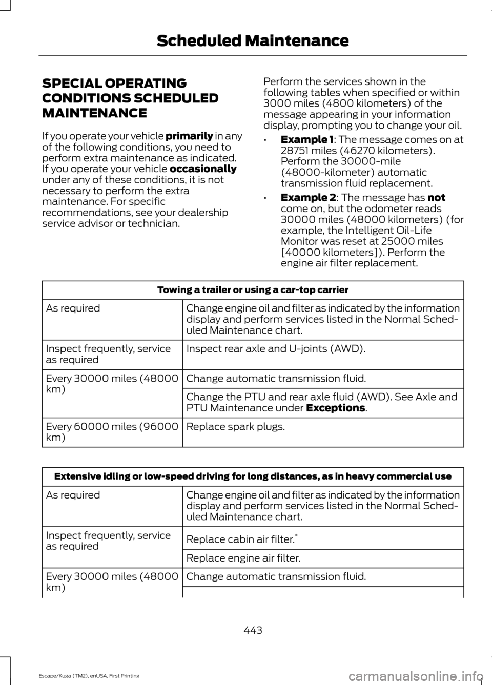 FORD ESCAPE 2017 3.G Owners Manual SPECIAL OPERATING
CONDITIONS SCHEDULED
MAINTENANCE
If you operate your vehicle primarily in any
of the following conditions, you need to
perform extra maintenance as indicated.
If you operate your veh FORD ESCAPE 2017 3.G Owners Manual SPECIAL OPERATING
CONDITIONS SCHEDULED
MAINTENANCE
If you operate your vehicle primarily in any
of the following conditions, you need to
perform extra maintenance as indicated.
If you operate your veh