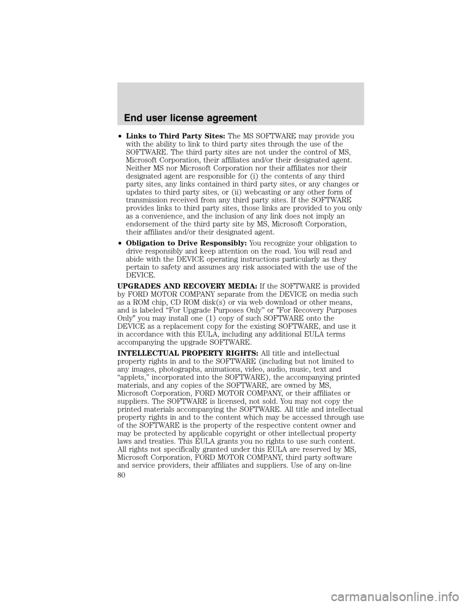 FORD ESCAPE HYBRID 2010 2.G Quick Reference Guide •Links to Third Party Sites:The MS SOFTWARE may provide you
with the ability to link to third party sites through the use of the
SOFTWARE. The third party sites are not under the control of MS,
Micr