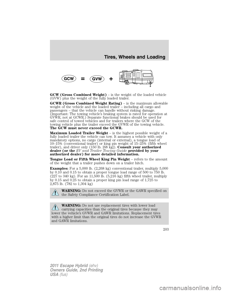 FORD ESCAPE HYBRID 2011 2.G Owners Manual GCW (Gross Combined Weight)– is the weight of the loaded vehicle
(GVW) plus the weight of the fully loaded trailer.
GCWR (Gross Combined Weight Rating)– is the maximum allowable
weight of the vehi FORD ESCAPE HYBRID 2011 2.G Owners Manual GCW (Gross Combined Weight)– is the weight of the loaded vehicle
(GVW) plus the weight of the fully loaded trailer.
GCWR (Gross Combined Weight Rating)– is the maximum allowable
weight of the vehi