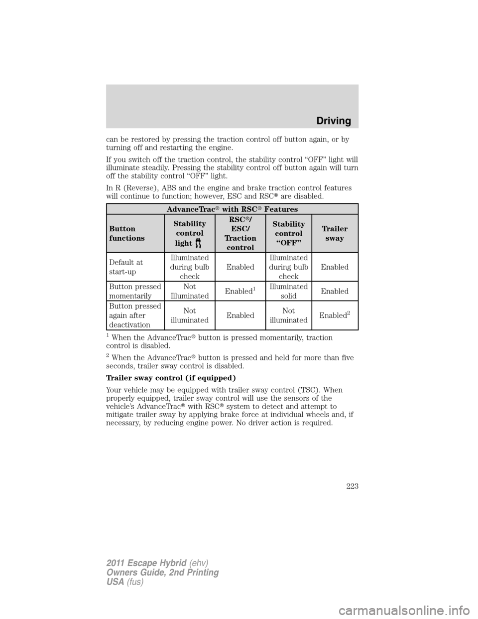 FORD ESCAPE HYBRID 2011 2.G Owners Manual can be restored by pressing the traction control off button again, or by
turning off and restarting the engine.
If you switch off the traction control, the stability control “OFF” light will
illum