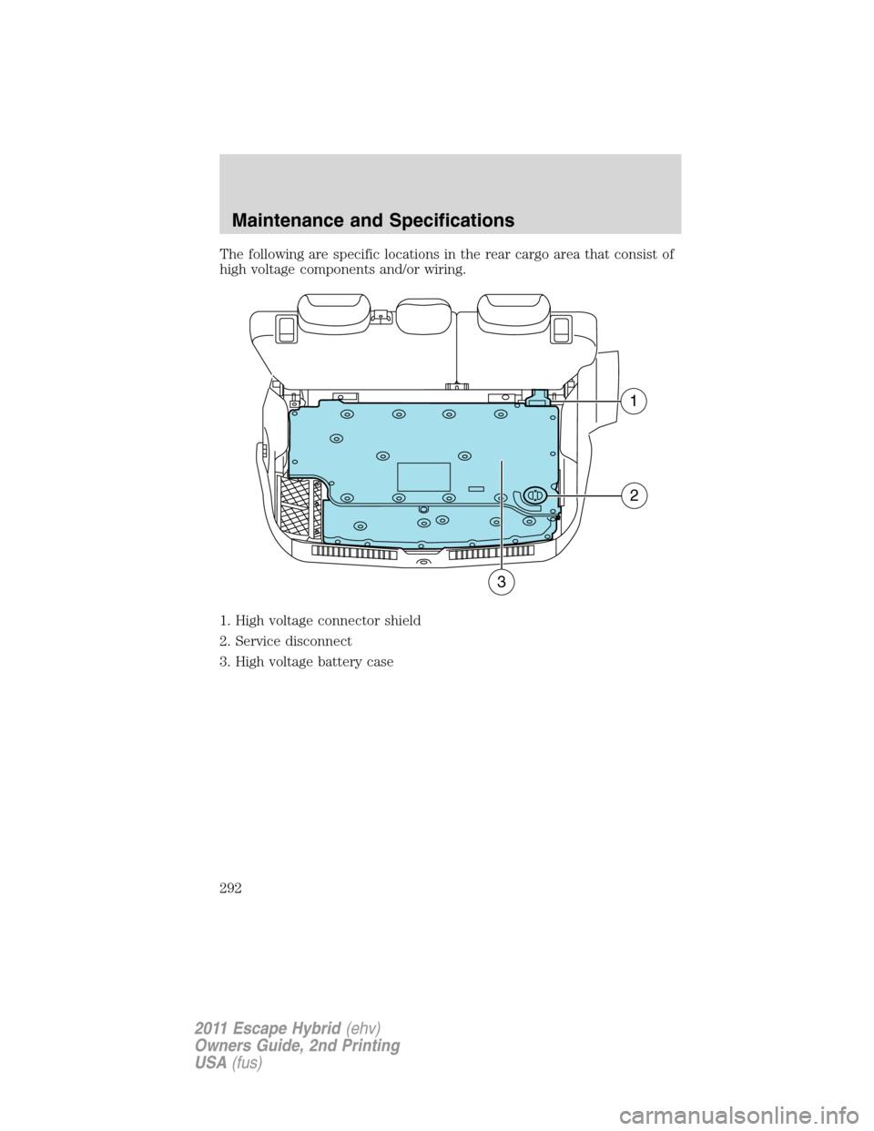 FORD ESCAPE HYBRID 2011 2.G Owners Manual The following are specific locations in the rear cargo area that consist of
high voltage components and/or wiring.
1. High voltage connector shield
2. Service disconnect
3. High voltage battery case
1