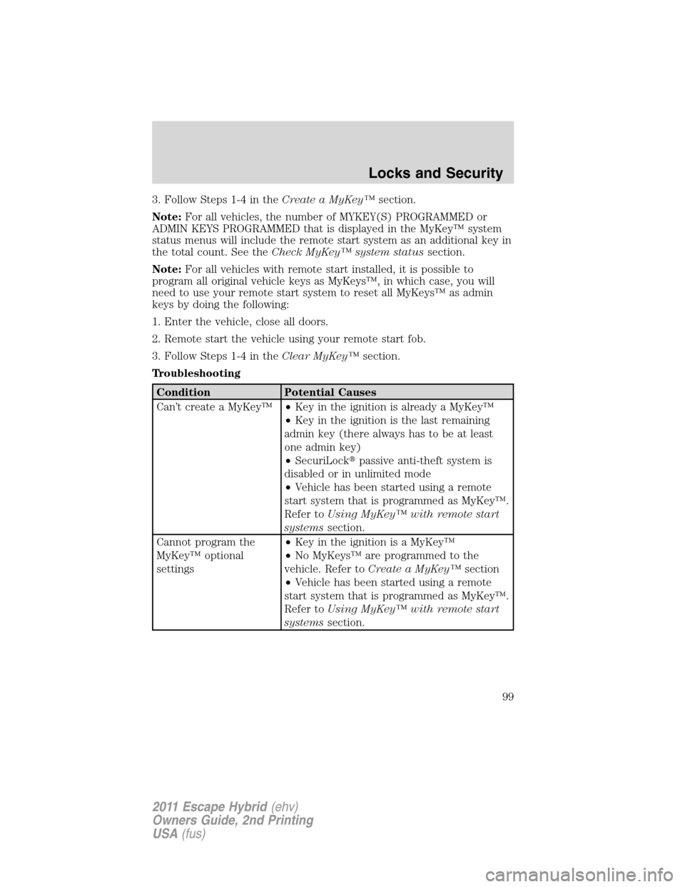 FORD ESCAPE HYBRID 2011 2.G Owners Manual 3. Follow Steps 1-4 in theCreate a MyKey™section.
Note:For all vehicles, the number of MYKEY(S) PROGRAMMED or
ADMIN KEYS PROGRAMMED that is displayed in the MyKey™ system
status menus will include FORD ESCAPE HYBRID 2011 2.G Owners Manual 3. Follow Steps 1-4 in theCreate a MyKey™section.
Note:For all vehicles, the number of MYKEY(S) PROGRAMMED or
ADMIN KEYS PROGRAMMED that is displayed in the MyKey™ system
status menus will include