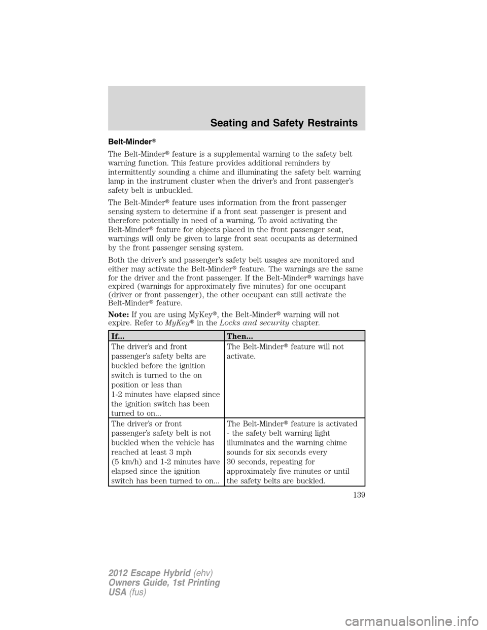 FORD ESCAPE HYBRID 2012 2.G Owners Manual Belt-Minder
The Belt-Minderfeature is a supplemental warning to the safety belt
warning function. This feature provides additional reminders by
intermittently sounding a chime and illuminating the s