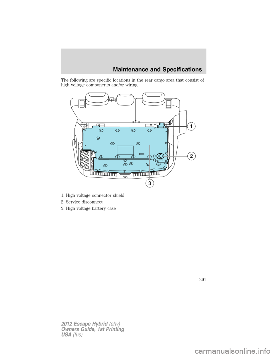 FORD ESCAPE HYBRID 2012 2.G Owners Manual The following are specific locations in the rear cargo area that consist of
high voltage components and/or wiring.
1. High voltage connector shield
2. Service disconnect
3. High voltage battery case
1