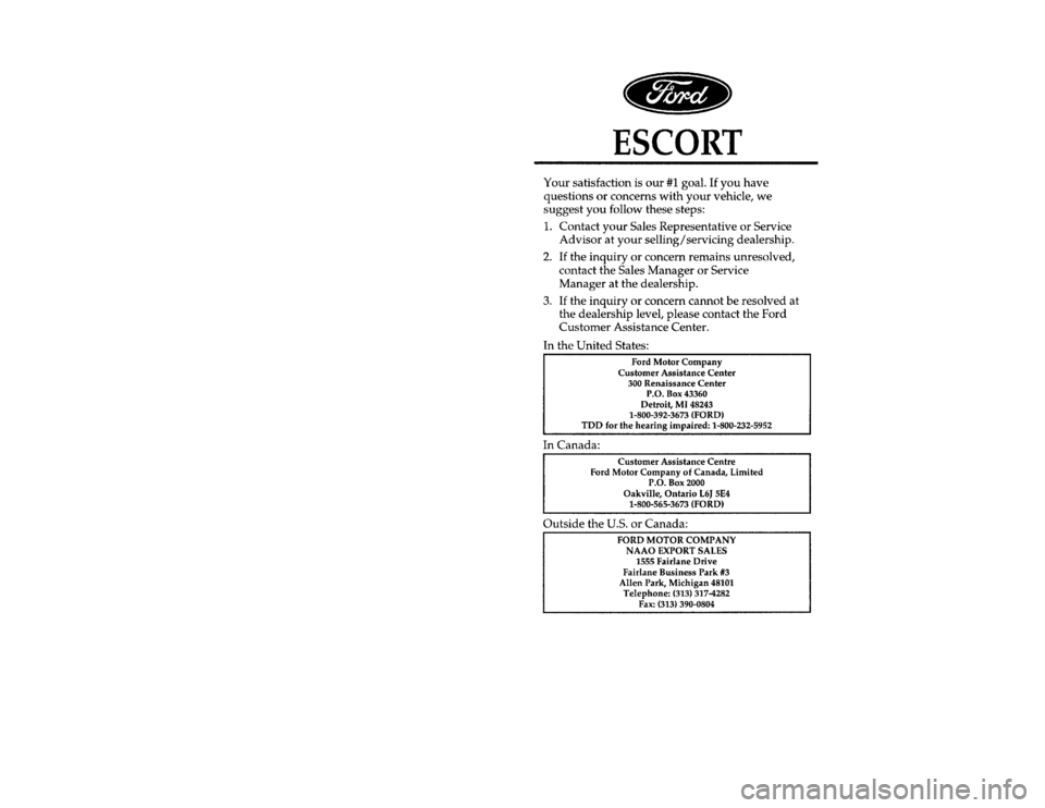 FORD ESCORT 1996 7.G Owners Manual 