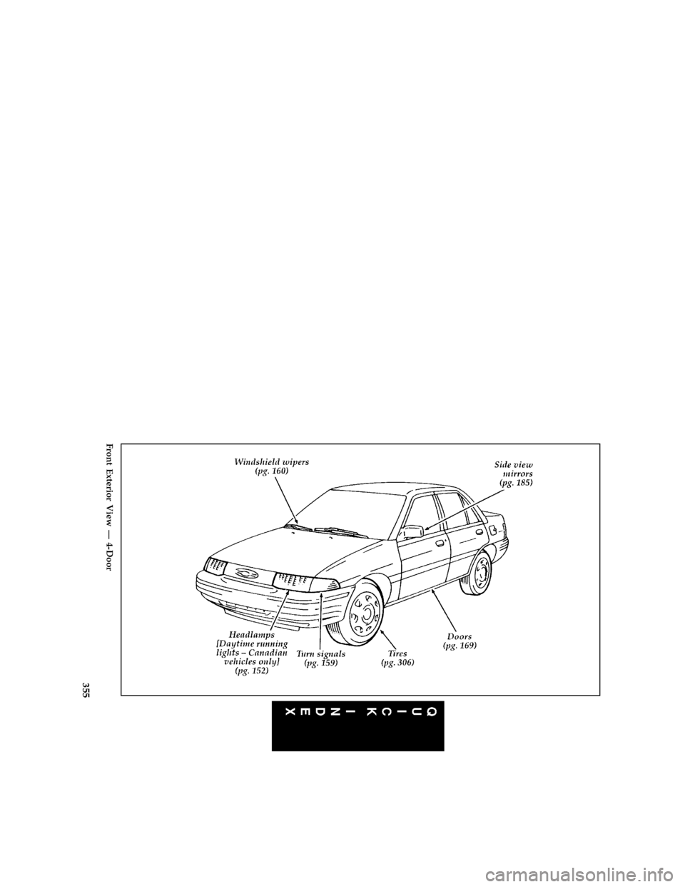 FORD ESCORT 1996 7.G Owners Manual 355 [QI00700(E )04/94]
full page art:0070221-A
Front Exterior View Ð 4-Door
File:16ctqie.ex
Update:Mon Sep 25 16:58:31 1995 