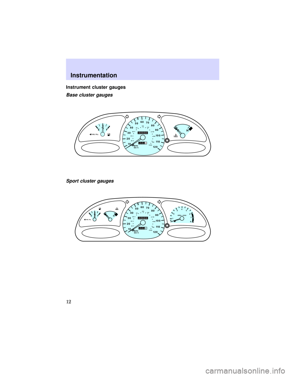 FORD ESCORT 1997 7.G User Guide Instrument cluster gauges
Base cluster gauges
Sport cluster gauges
0000
000000
MPH 
km/h
10 2030405060
70
80
90
10 0
12 011 020 4060
8010 0
12 0
16 0
18 0 140
200
FUEL FILLEF1/2CH
0000
000000
MPH 
k