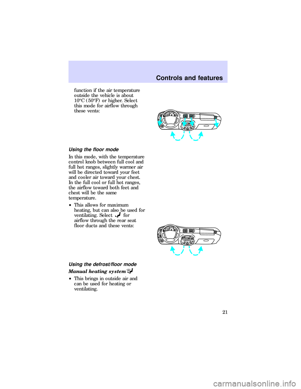 FORD ESCORT 1997 7.G Owners Manual function if the air temperature
outside the vehicle is about
10ÉC (50ÉF) or higher. Select
this mode for airflow through
these vents:
Using the floor mode
In this mode, with the temperature
control 