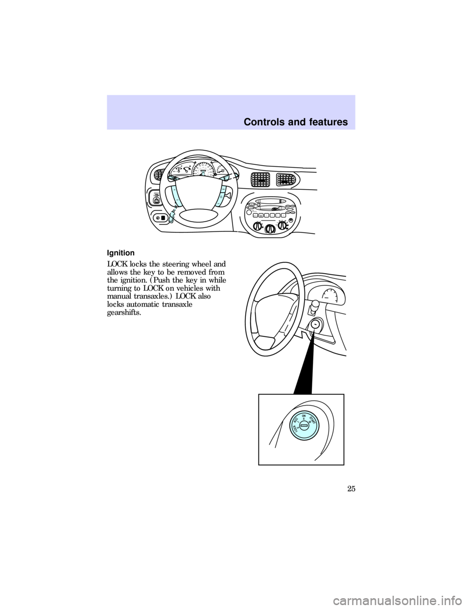 FORD ESCORT 1997 7.G Owners Manual Ignition
LOCK locks the steering wheel and
allows the key to be removed from
the ignition. (Push the key in while
turning to LOCK on vehicles with
manual transaxles.) LOCK also
locks automatic transax